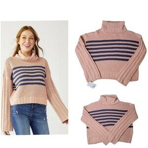 Oversized Turtleneck Knit Sweater Pink with Blue Stripe/Juniors Size XS